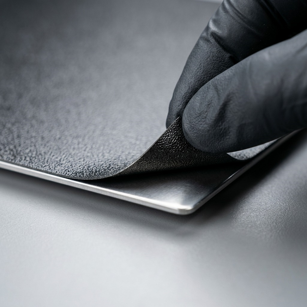 A macro photograph detail of the PEI build surface texture, showing a peeling corner and the flexible steel plate.