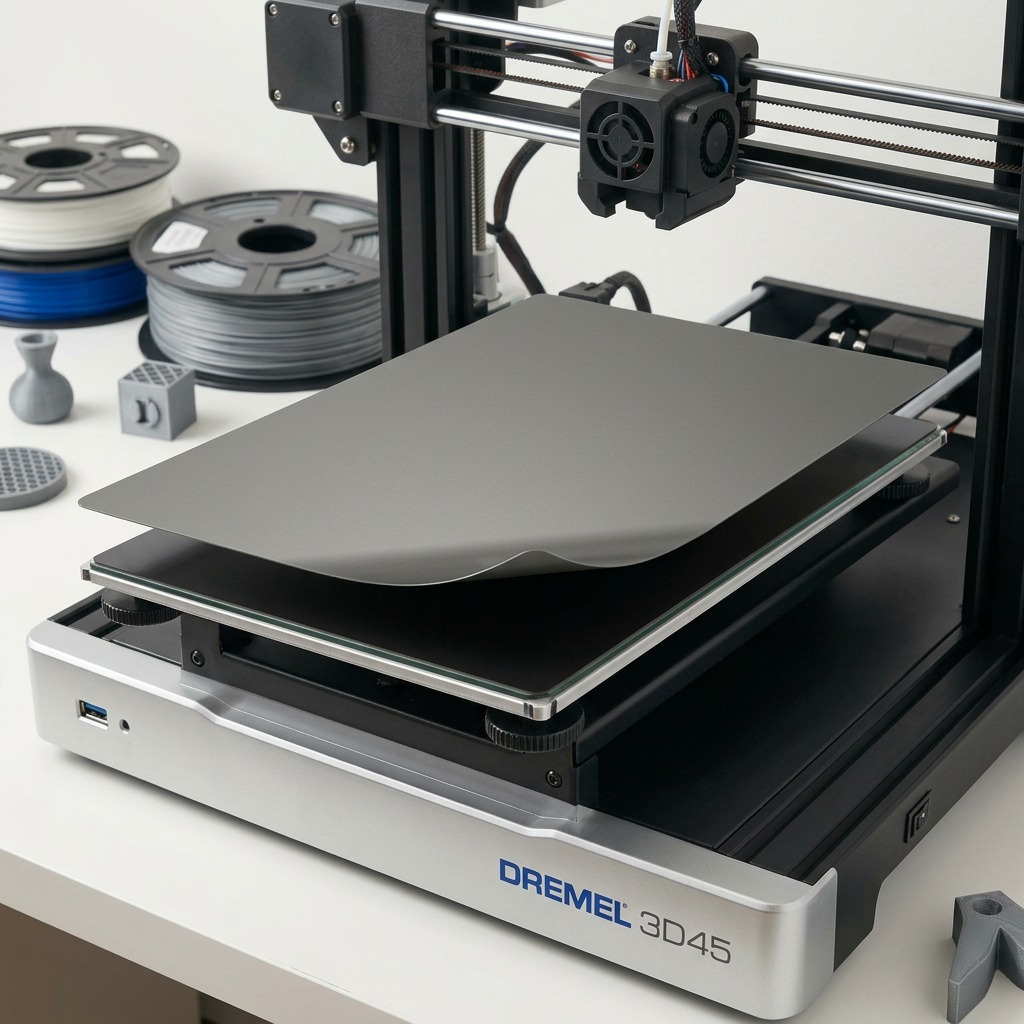 A clean-styled photo shows the 3D45 Flexible Build Plate Conversion Kit positioned on a minimalist 3D printer bed.