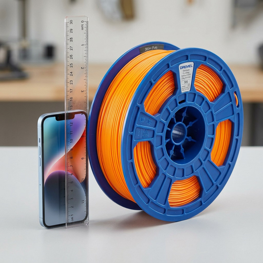 A scale reference photo showing the Dremel orange filament spool beside a ruler.