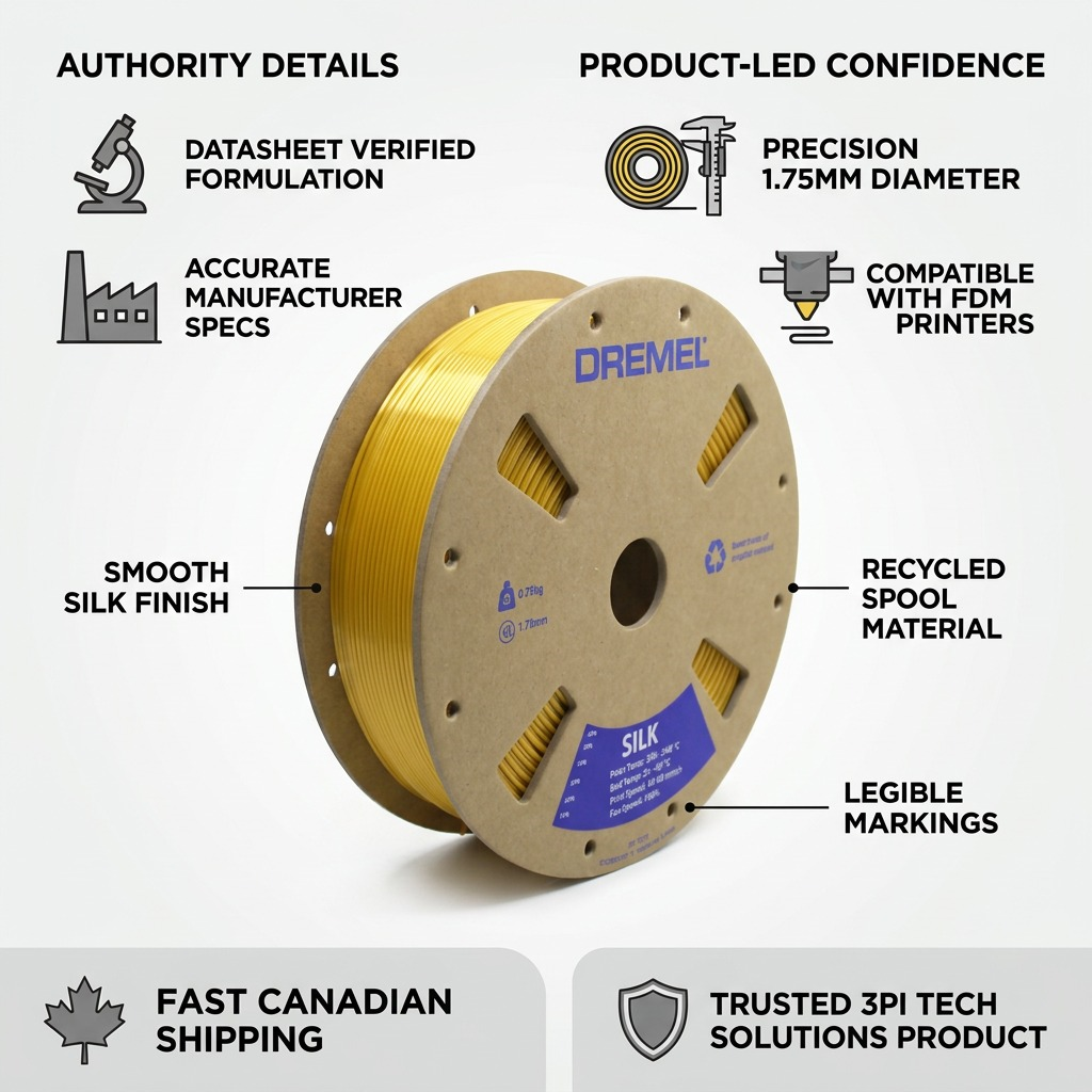 Trust infographic: specific facts, icons, and official manufacturer logo validate 3D filament.