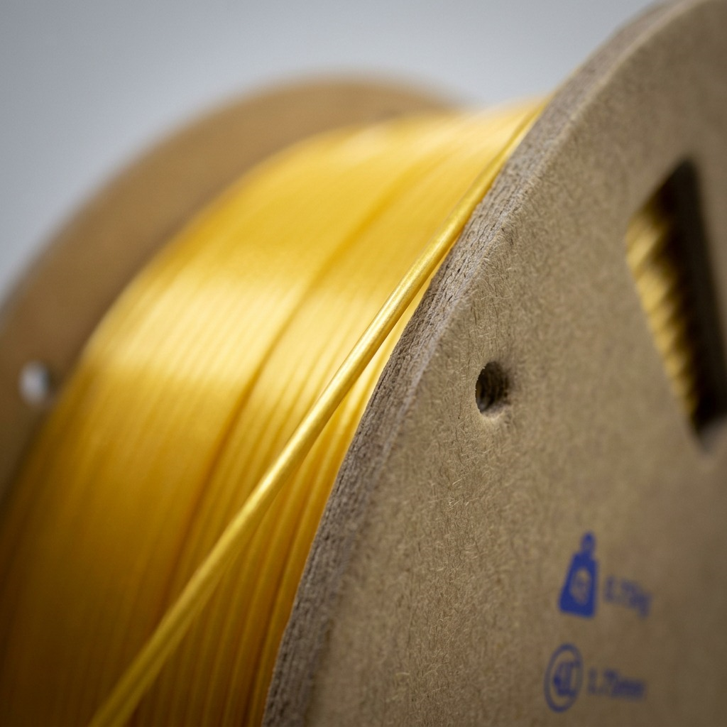 Extreme close-up macro photograph of a gold silk PLA 3D printing filament spool, showcasing the high-gloss, reflective texture of the individual filament strands on the cardboard spool edge.