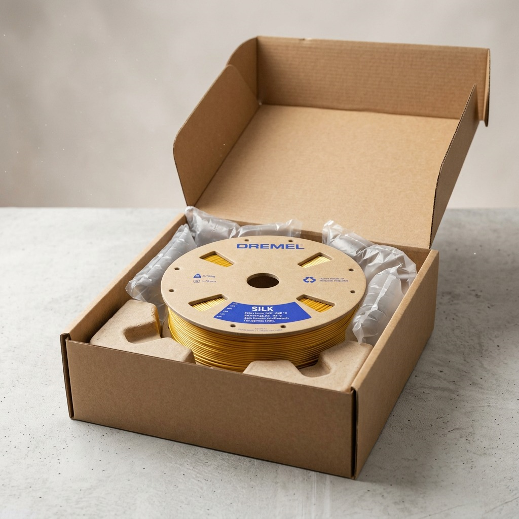 Dremel gold silk PLA filament spool secure in its open cardboard shipping box with air cushions.