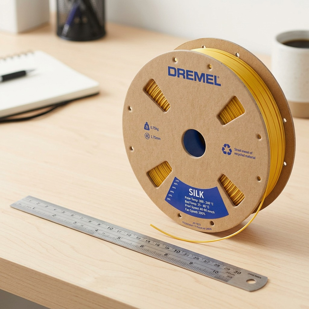 A 1.75mm Dremel 0.75kg 3D printing filament spool and a 12-inch office ruler on white wood.