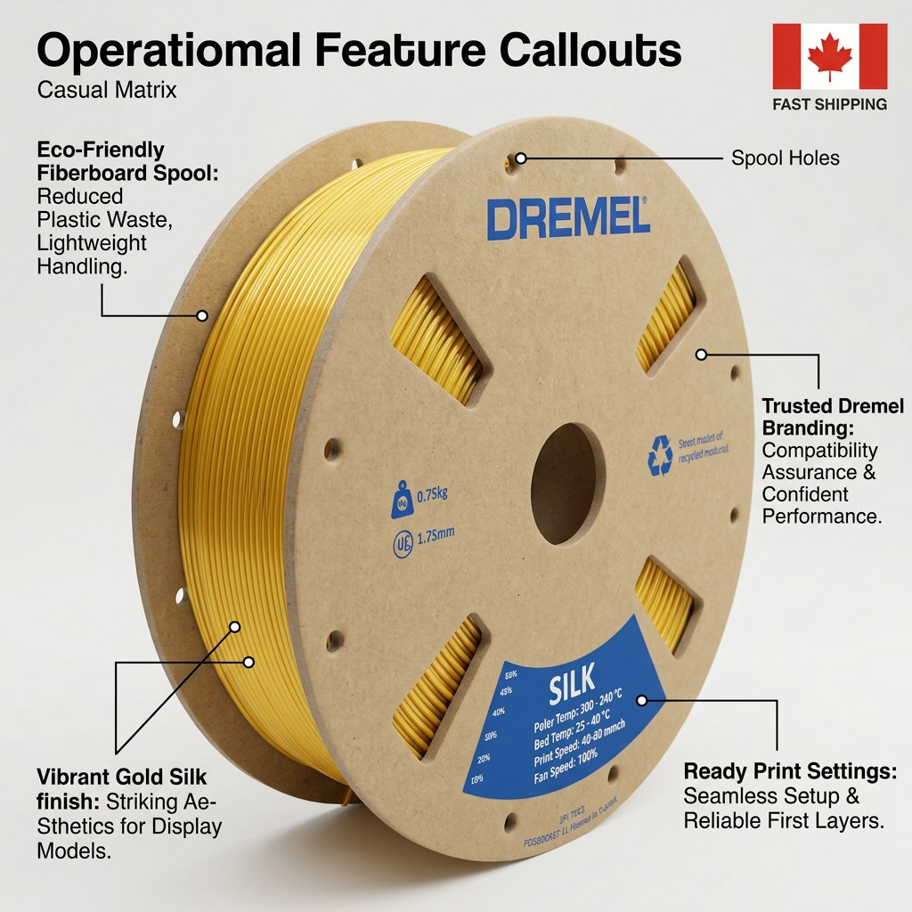Operational feature callouts (visual matrix 6) for 3PI Tech Solutions, Inc. Dremel Gold Silk PLA Filament Spool, indicating fiberboard spool, silk finish, and trusted branding with fast Canadian shipping.