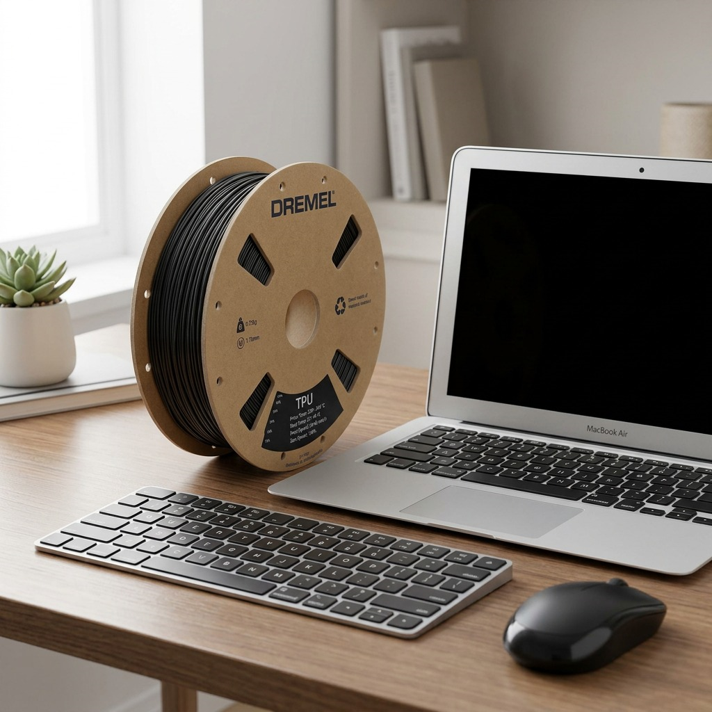 Black TPU filament spool on a desk with a laptop, keyboard, and mouse for scale reference.
