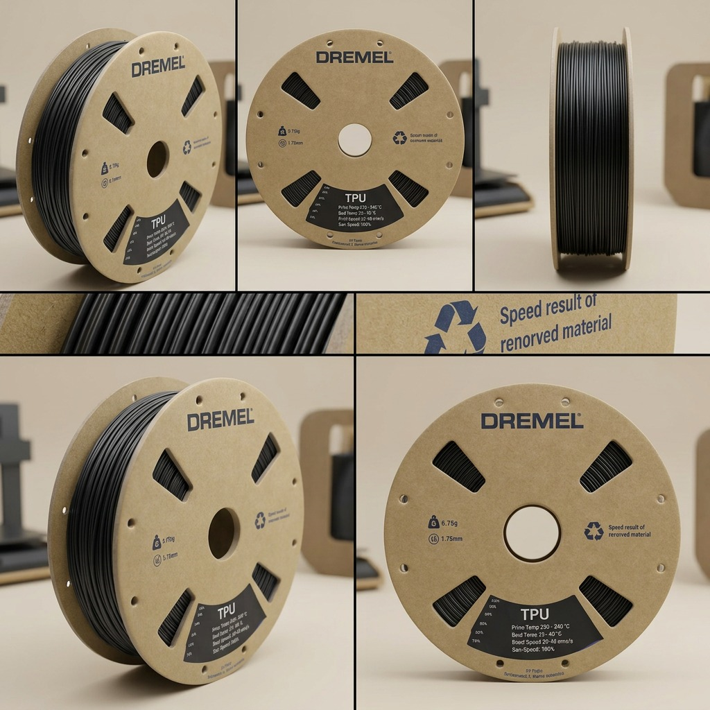 A visual matrix showing five views of a black 3D filament spool with its distinctive cardboard flange design.