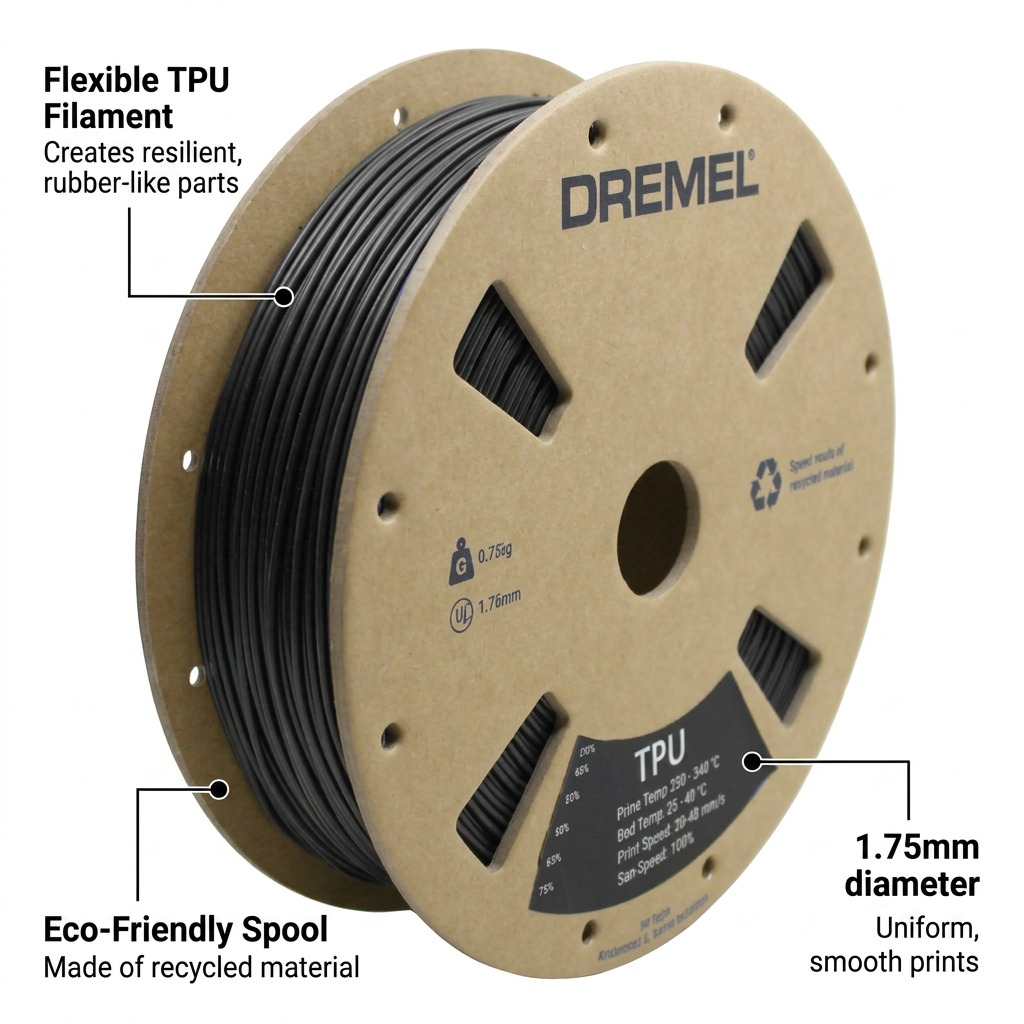 Dremel TPU filament spool with feature callouts highlighting flexibility, diameter, and eco-friendly packaging.