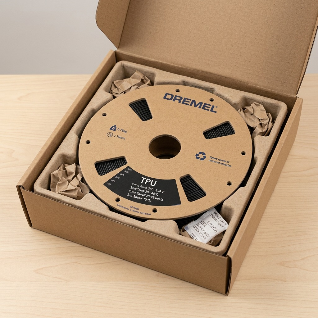 Alt text: A Dremel TPU filament spool sits securely within custom protective cardboard shipping inserts.