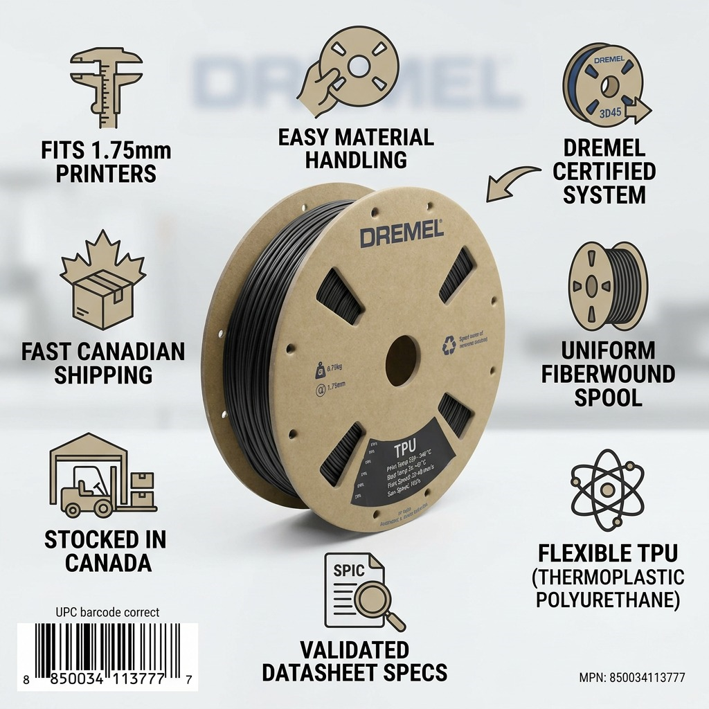 Trust and authority infographic for 3PI Tech solutions 3D TPU Filament on fiberboard spool.
