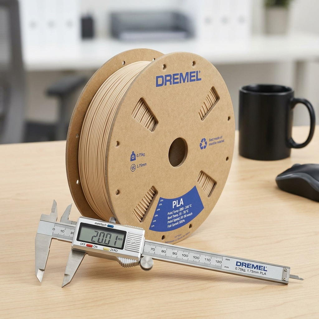 3D PLA filament spool shown beside digital calipers and a coffee mug for size reference.