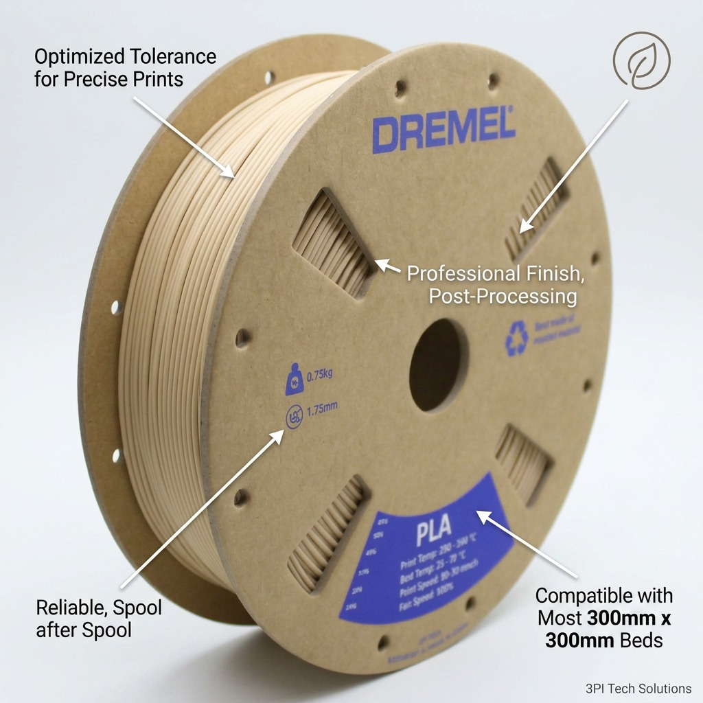 Product image for Dremel PLA filament featuring benefits in infographic style, compatible with 300x300 beds.