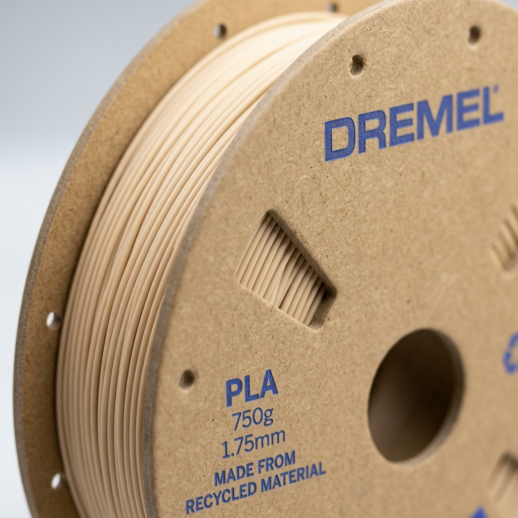Macro photograph focusing on the Dremel logo and matte beige PLA texture on the spool face, showing material layers.