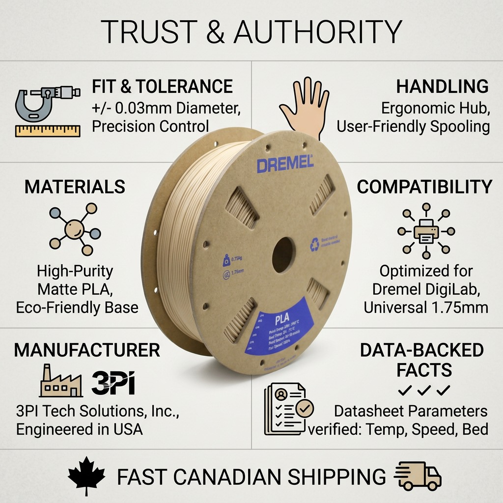 Trust infographic for 3PI Matte Beige PLA with technical specifications and manufacturer details.