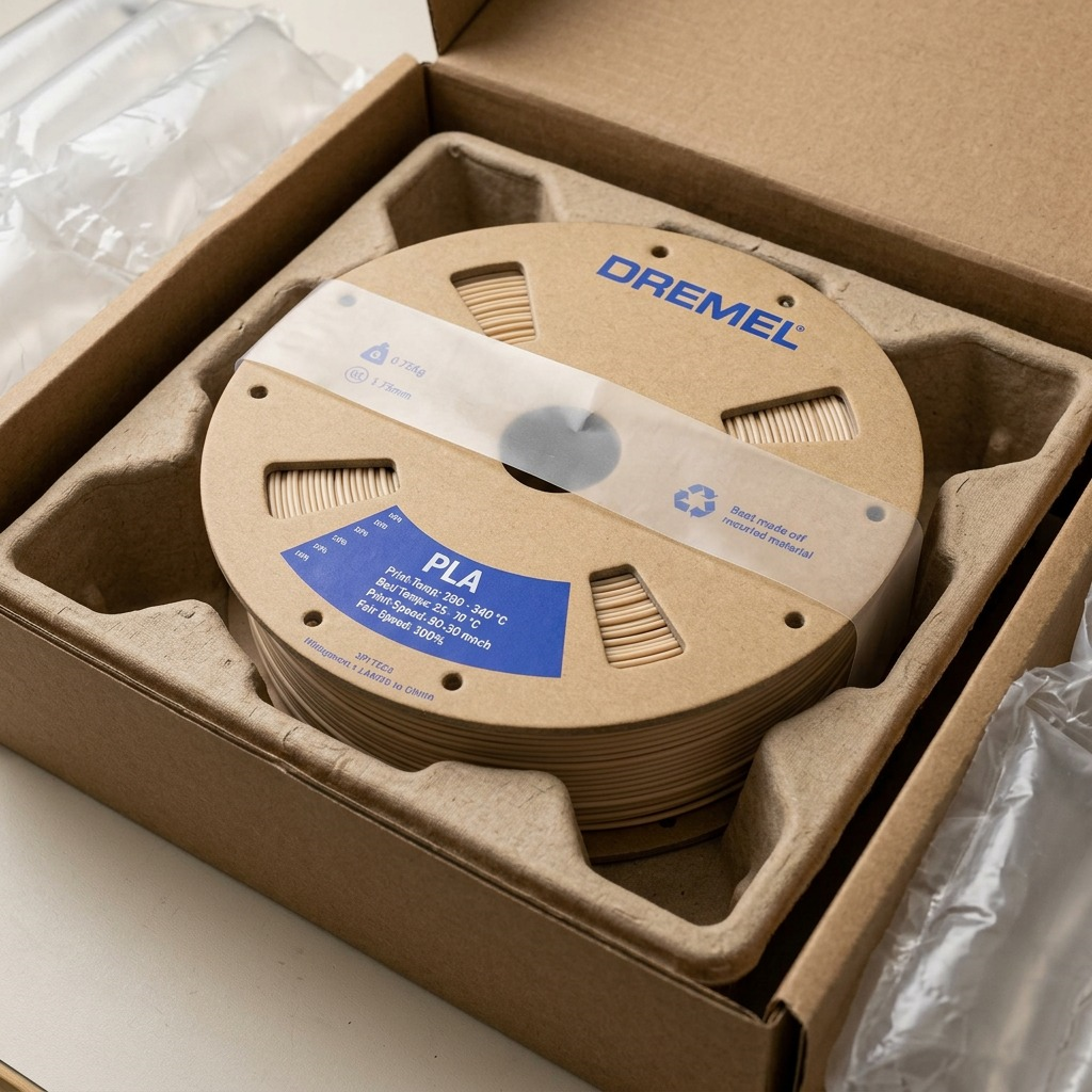 A 3PI Tech Solutions, Inc PLA filament spool in matte beige is carefully nestled within custom-fit recycled cardboard inserts inside a thick, branded brown shipping box, ready for secure delivery and unboxing.