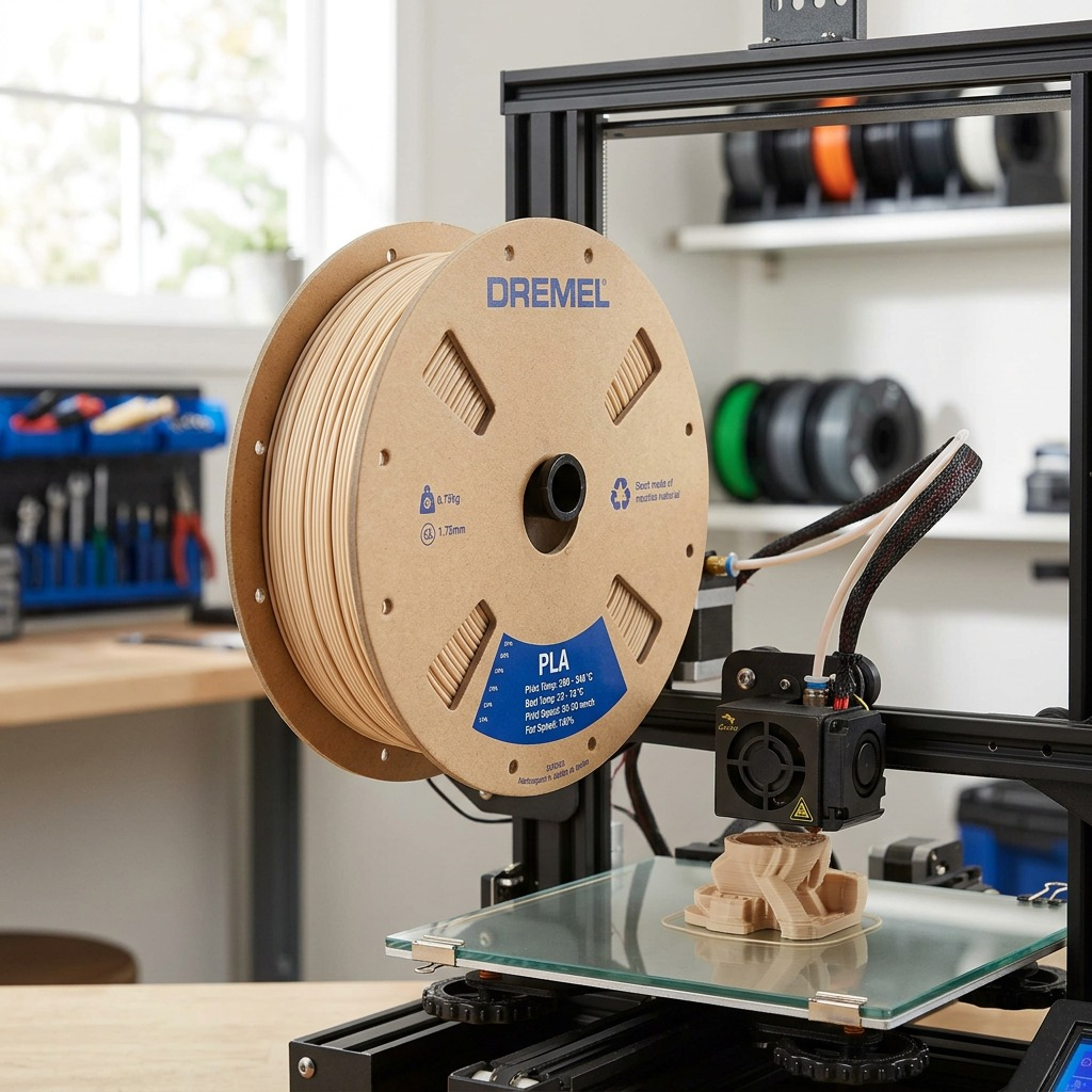 This is a photo of the beige Dremel PLA filament spool in a 3D printing workshop.