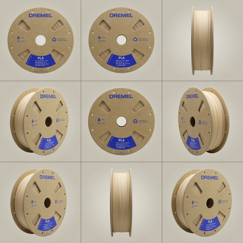 A premium ecommerce grid visual matrix showing 12 Dremel natural beige PLA filament spools from multiple useful angles.