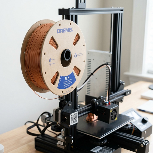 A photo of the copper-spooled Dremel Silk PLA filament (image_0.png) mounted on a 3D printer's spool holder.