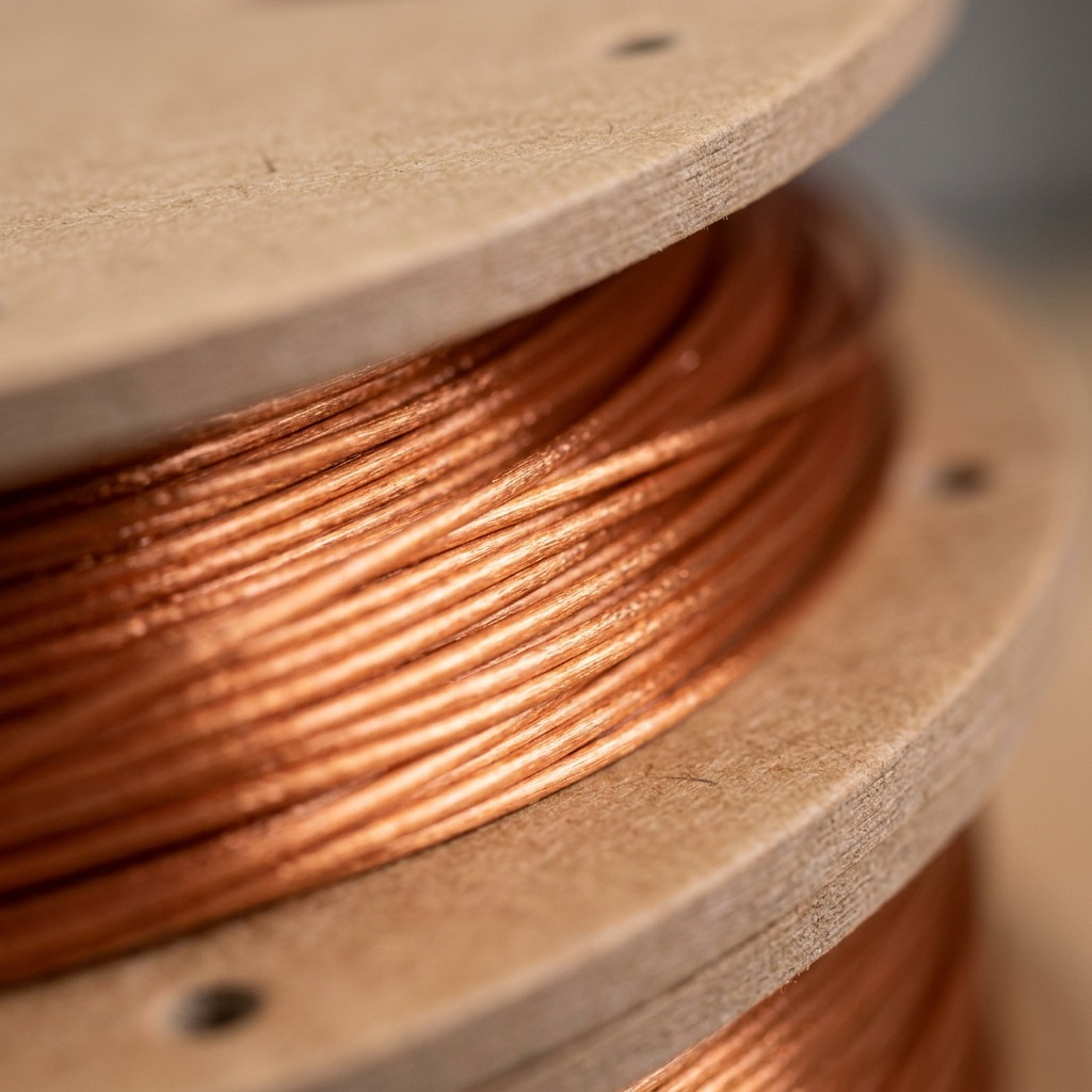 A macro photograph with selective focus, highlighting the silk-like luster of multiple strands of the copper-colored 3D printer filament, emphasizing its smooth and shiny texture.