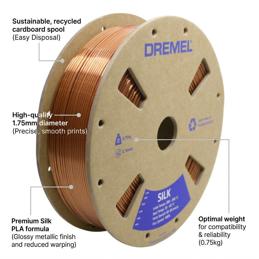 Operational features graphic of the Dremel silk copper PLA filament spool from visual context.