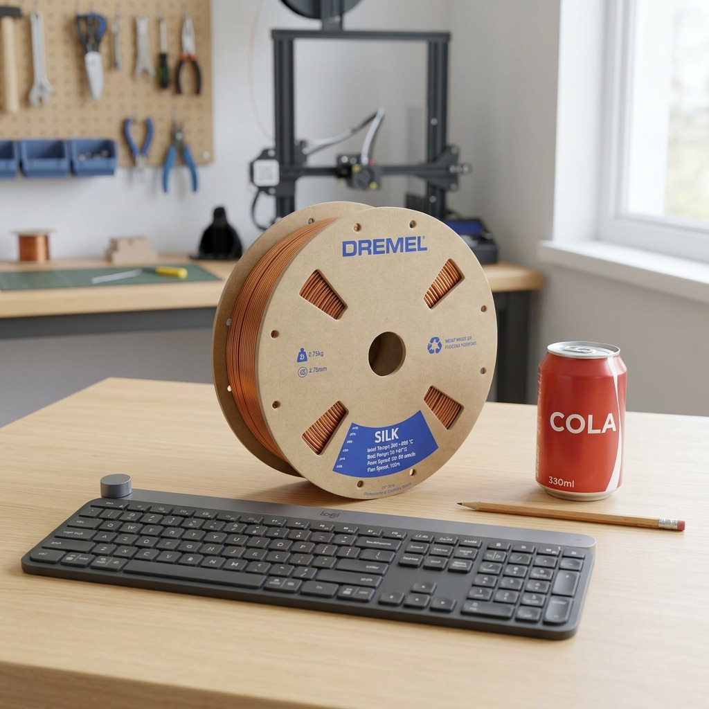 A scale reference photo showing the Dremel branded Copper 3D Silk PLA Filament Spool (0.75kg) beside a standard computer keyboard on a modern desk, illustrating its true size.