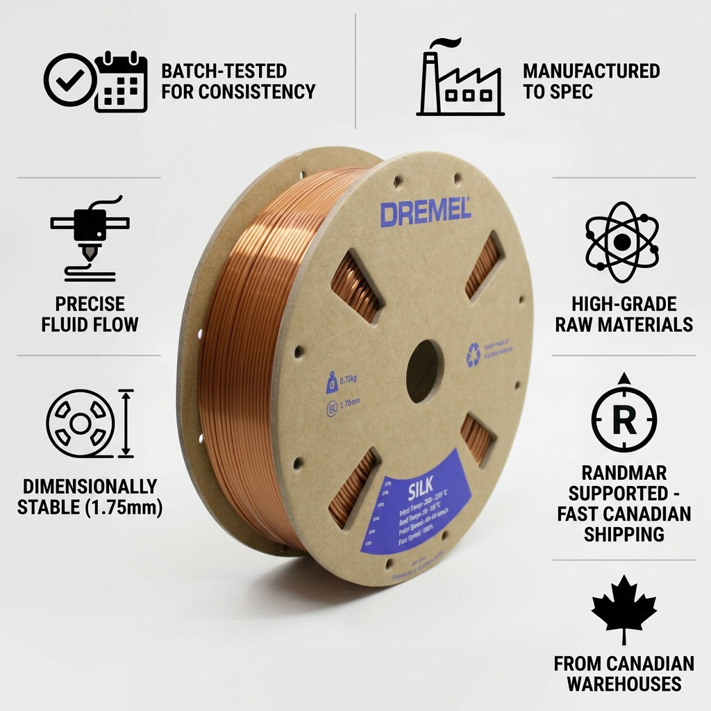 Trust matrix infographic featuring Dremel Silk Copper filament with factual feature icons.