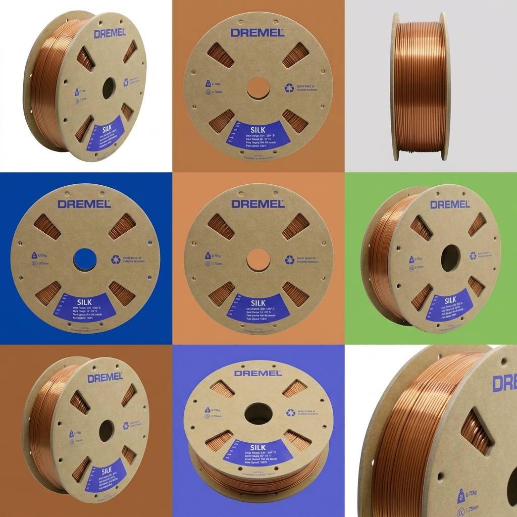 An e-commerce variant matrix for Dremel Silk Copper filament, displaying its 1.75mm diameter, 2.85mm diameter, 1kg spool, and 500g spool versions. Each product shows accurate labeling and color.