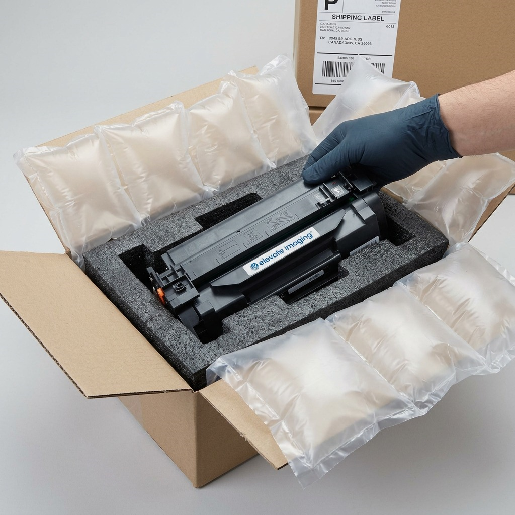 An Elevate Imaging toner cartridge sits securely inside a shipping box, protected by air pillows and foam inserts, ready for installation.