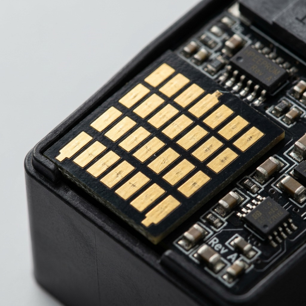 A close-up detail shot of the micro-texture precision contact pads on the Elevate Imaging toner cartridge.