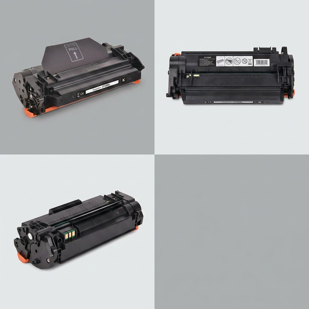 A matrix of three black toner cartridges shown from different viewpoints: front-right, top, and rear-left.