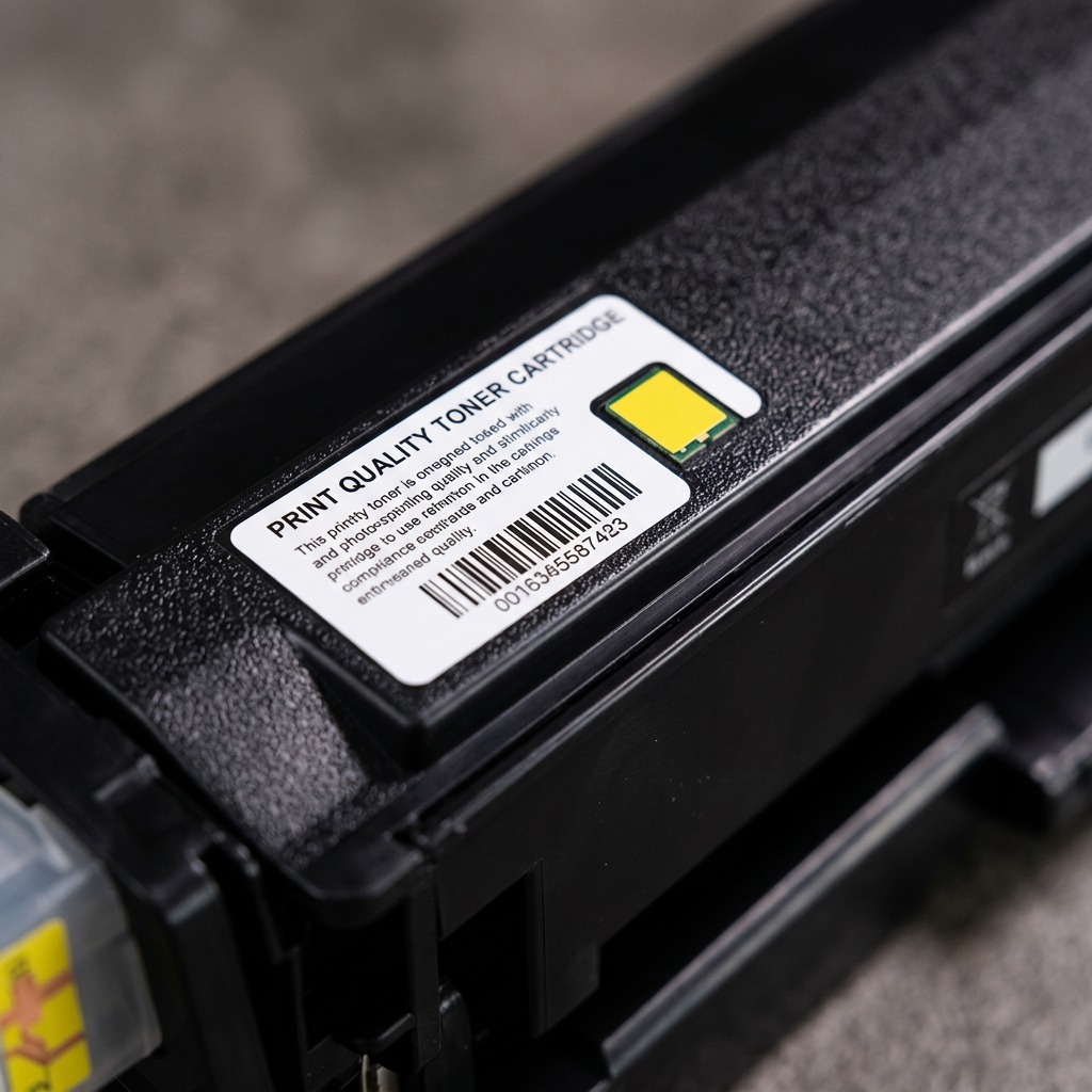 Macro close-up of yellow toner cartridge chip contact, showing precision-engineered details.