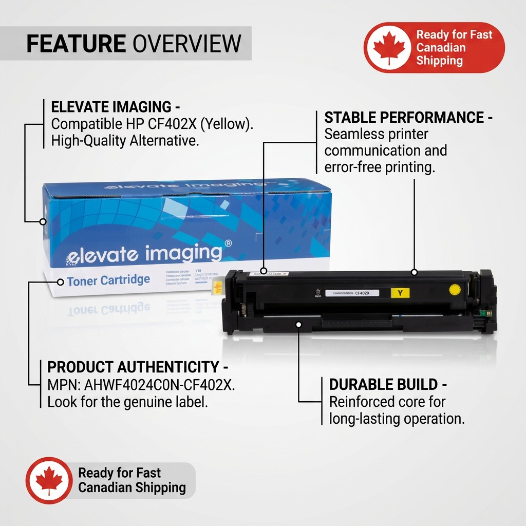 A clear product-led graphic with clean callouts for the Elevate Imaging yellow toner cartridge.
