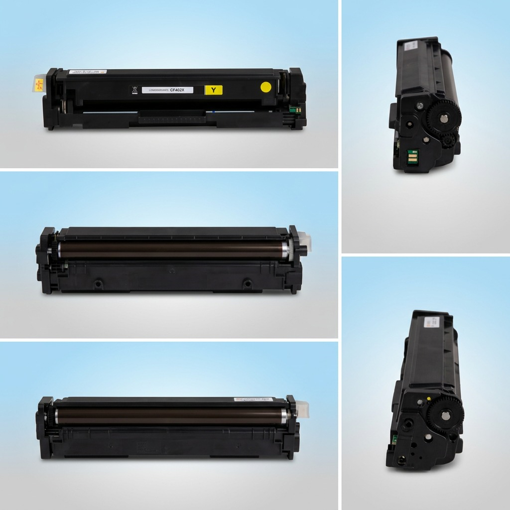 A matrix of three images of the same yellow Elevate Imaging toner cartridge from image_0.png, viewed from different angles: front, side, and rear. Each angle is in its own cell of a clean grid on a light blue background, with no text or logos added.