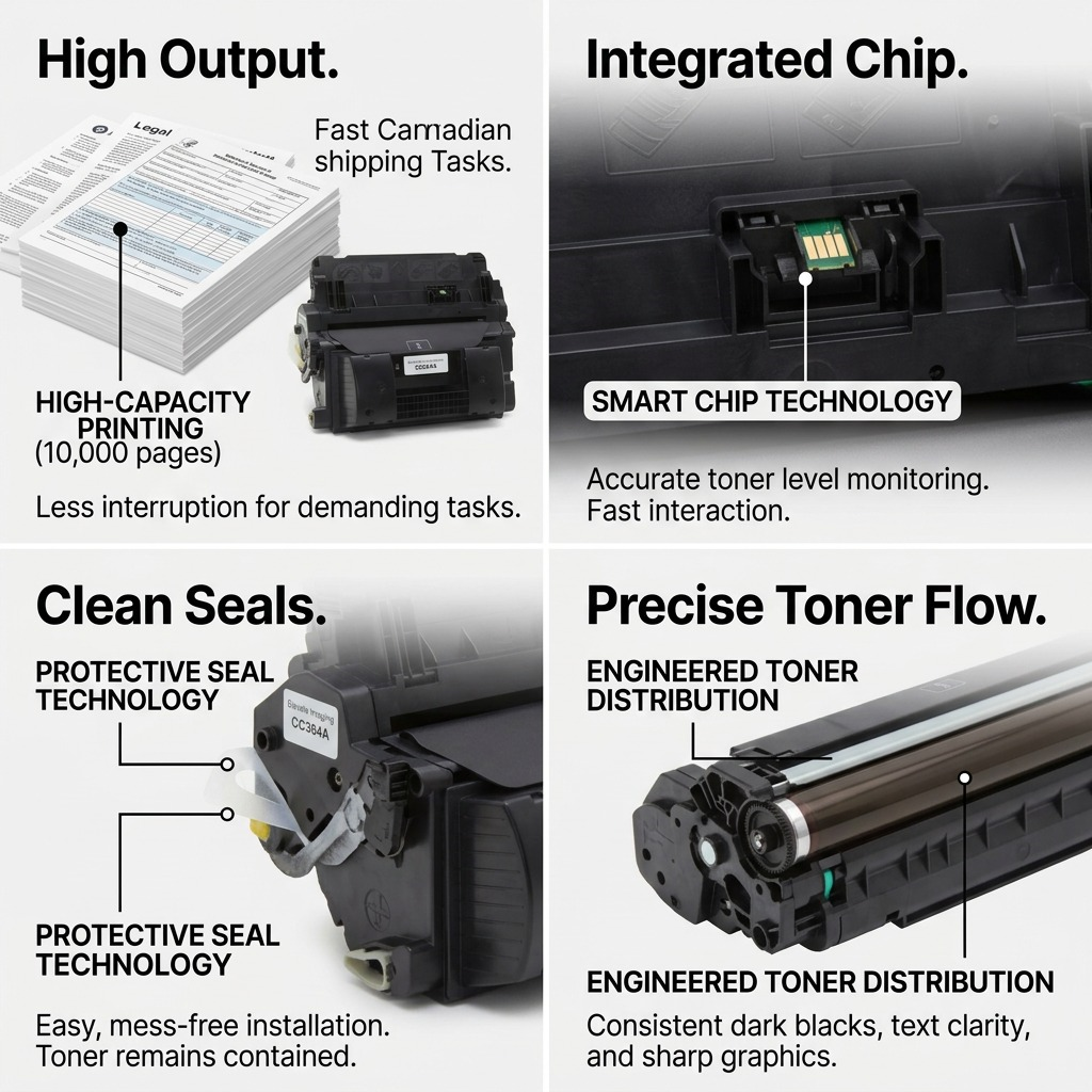 Elevate CC364A toner cartridge infographic: High Output (10K pgs), Smart Chip, Protective Seals, Precise Flow.