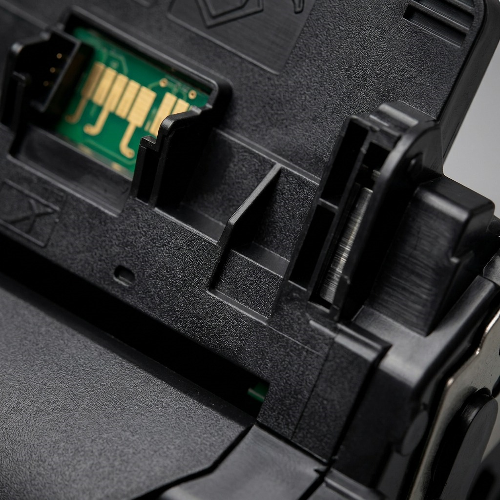 An extreme close-up photograph showcasing the complex molded texture, internal structure, and a key electrical contact point of the black toner cartridge.