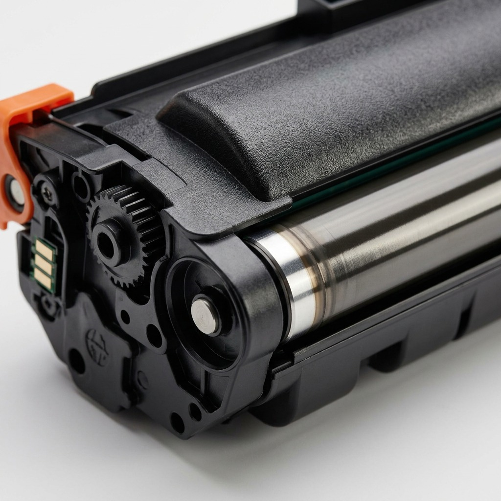 Macro detail photo showing the precise molding, gears, and metallic roller of the toner cartridge.