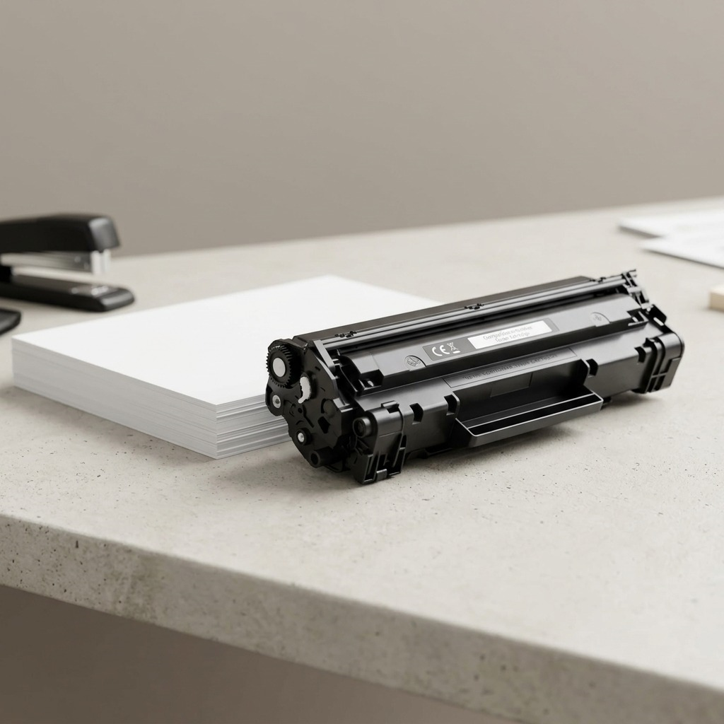A high-yield compatible toner cartridge shown next to standard printer paper to visualize scale.