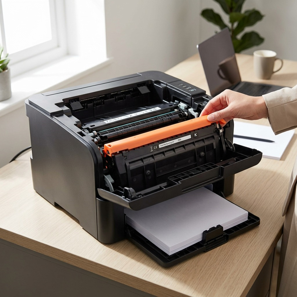 Lifestyle photo of the Elevate Imaging CF289X toner cartridge being inserted into a printer.
