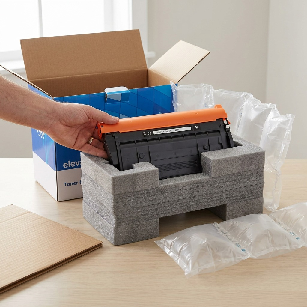 A close-up unboxing scene, showing the compatible HP CF289X toner cartridge from image_0.png carefully resting within high-quality protective foam inserts inside a plain delivery box, demonstrating secure packaging for shipping.