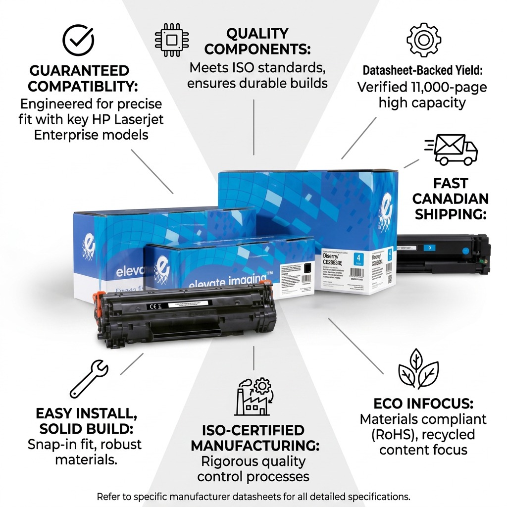Elevate Imaging CE263A Toner confidence infographic with key features, compatibility, and certifications.
