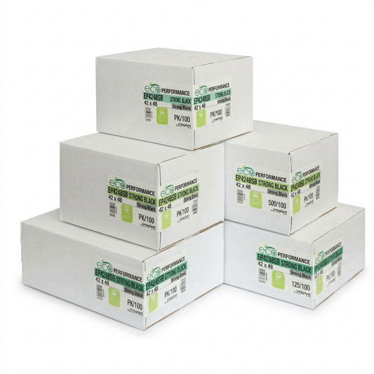High-resolution hero shot of Inteplast W. Ralston strong black bags in a stack, matching product details. (MPN: EP4248SB)