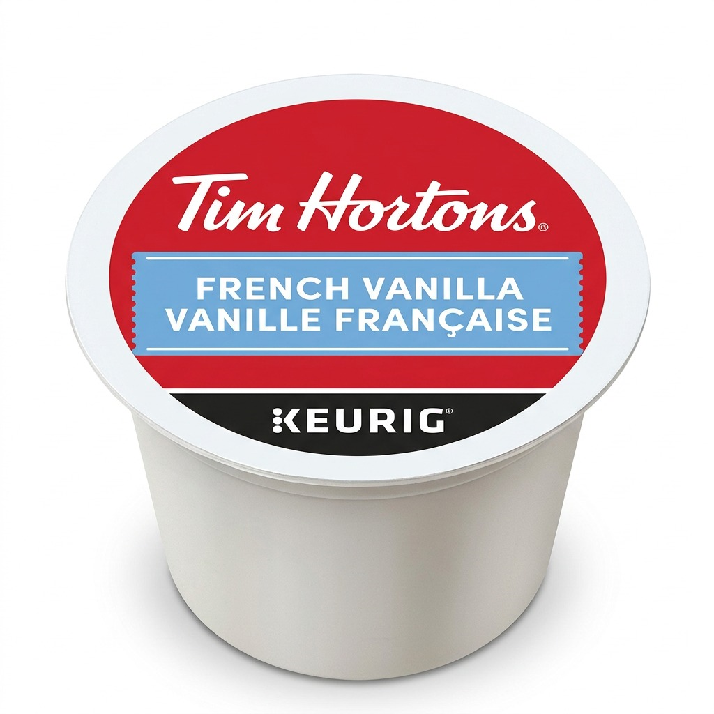 High-resolution centered hero shot of a single Tim Hortons French Vanilla Keurig K-Cup pod with details.
