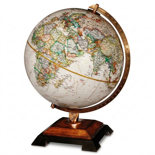 A high-resolution product photography shot of the Replogle National Geographic Bingham desk globe, featuring antique parchment oceans, colorful landmasses, and a detailed metal meridian on a dark wooden base.