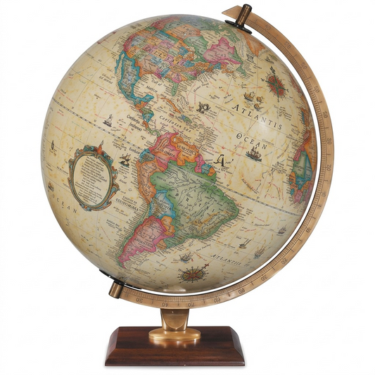 High-resolution hero shot of the Replogle Forester anchor_01, featuring a detailed antique ocean map on a dark wood and brass stand, centered against a pure white background.