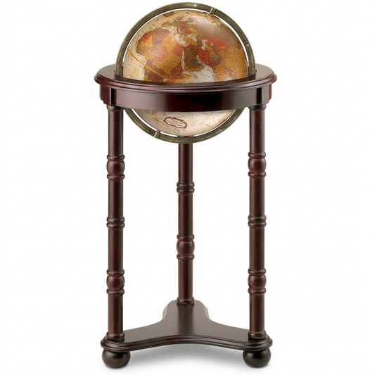 High-resolution 3/4 hero shot of the dark cherry wood Replogle Lancaster globe stand with bronze metallic floor globe, against a pure white background.