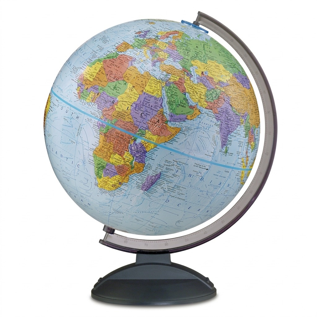 A crisp, front-facing hero shot of the Replogle Globes Traveler 12-inch desk globe on its black stand, against a pure white background