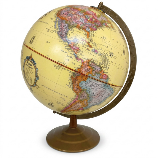 High-resolution hero shot of the 12" Replogle Globemaster antique ocean desk globe on its brass-finish metal base.