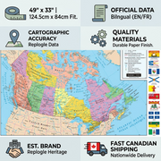 Alt Text: An informative infographic showing features, material quality, and fast shipping for the Replogle Canada wall map.