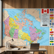 Replogle Globes Canada wall map 72117 displayed as a mounted, large-scale reference on a wooden home office wall.