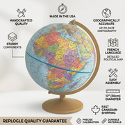 An infographic showcasing the Replogle Explorer Globe with trust cues, American-made icons, and fast Canadian shipping indicators.