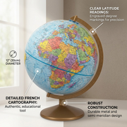 Ecommerce feature graphic highlights benefit for Replogle French language globe with pointers.